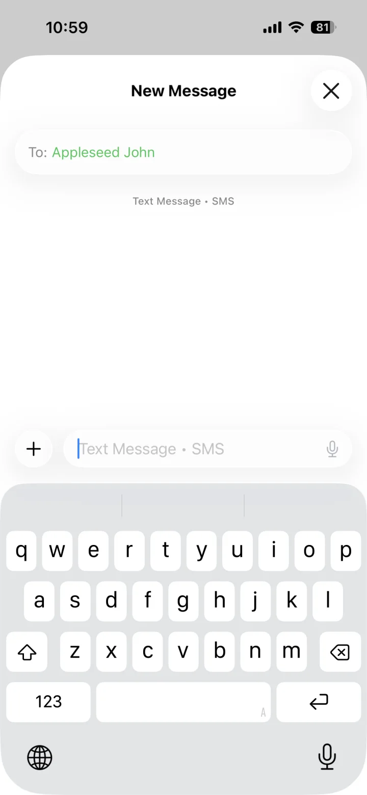 A new conversation open in the iPhone Messages app, with the plus button beside the message field