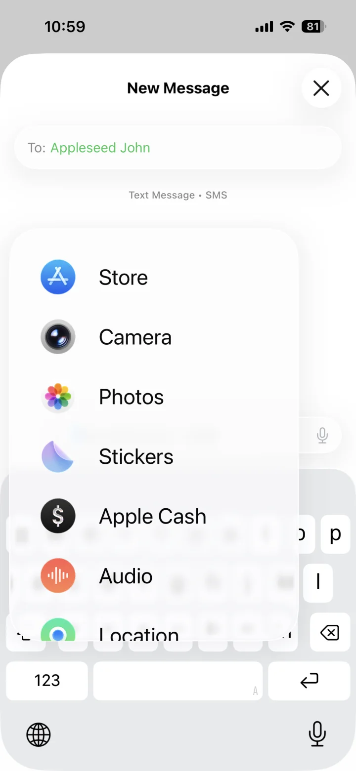 The Messages plus menu open with the Stickers option visible