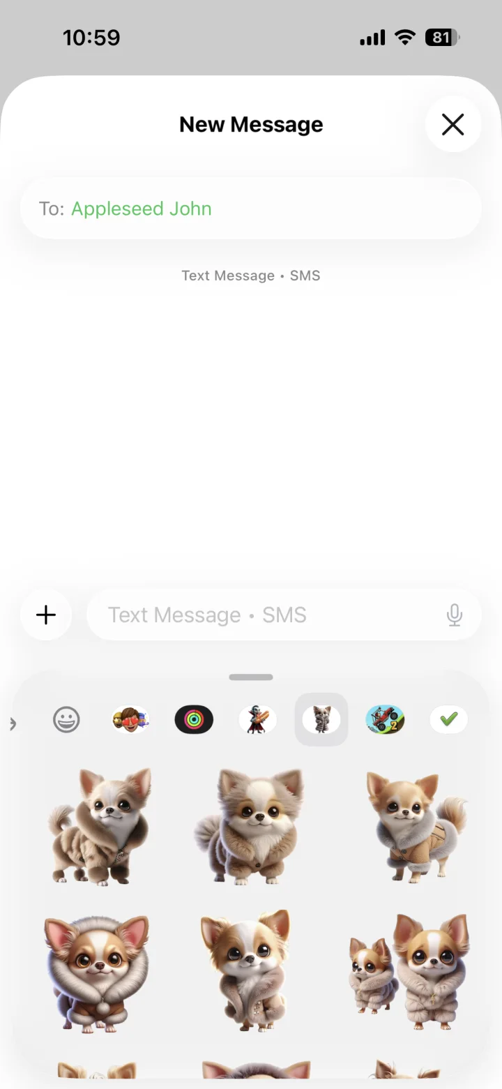 The iMessage sticker drawer showing a downloaded dog sticker pack selected in the icon row
