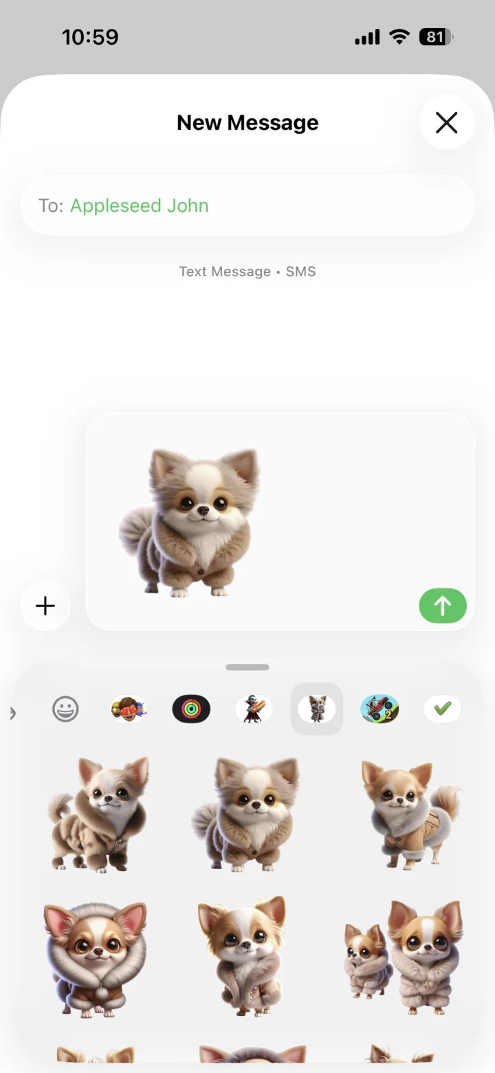 A dog sticker ready to send in an iPhone Messages conversation